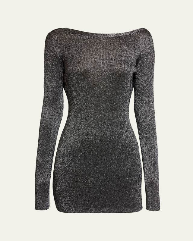 Metallic Knit Long-Sleeve Backless Mini Dress